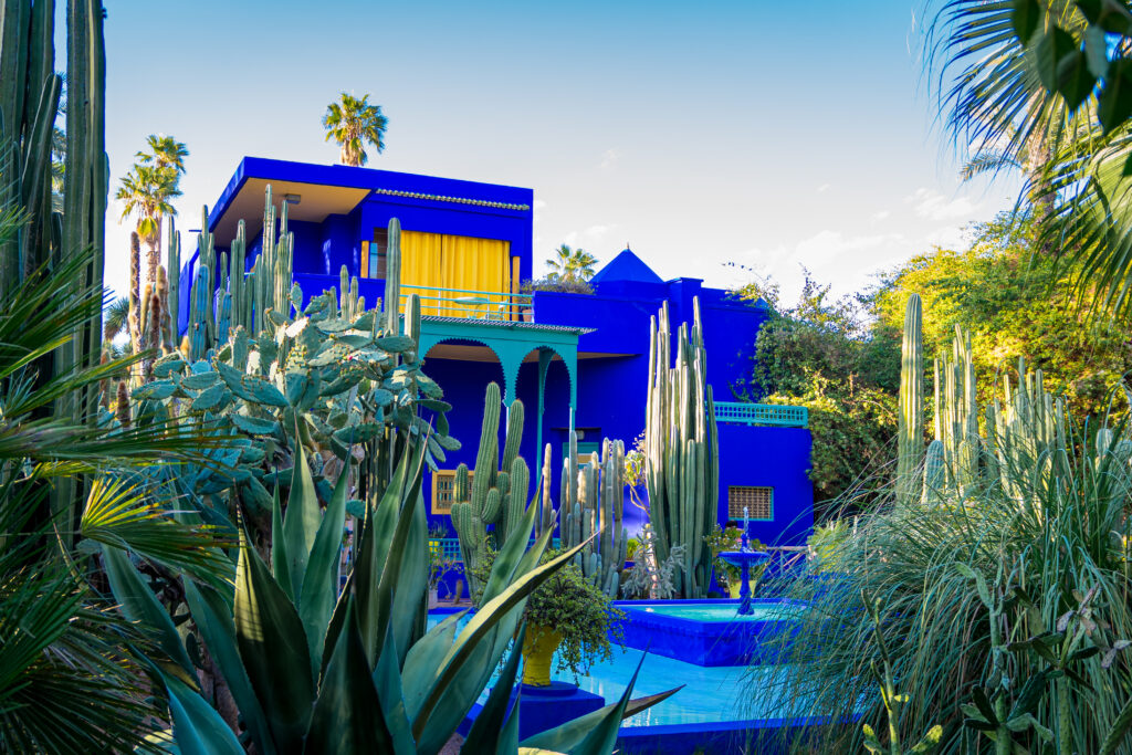 Ein leuchtend blaues Gebäude und ein Garten mit Kakteen und exotischen Pflanzen.